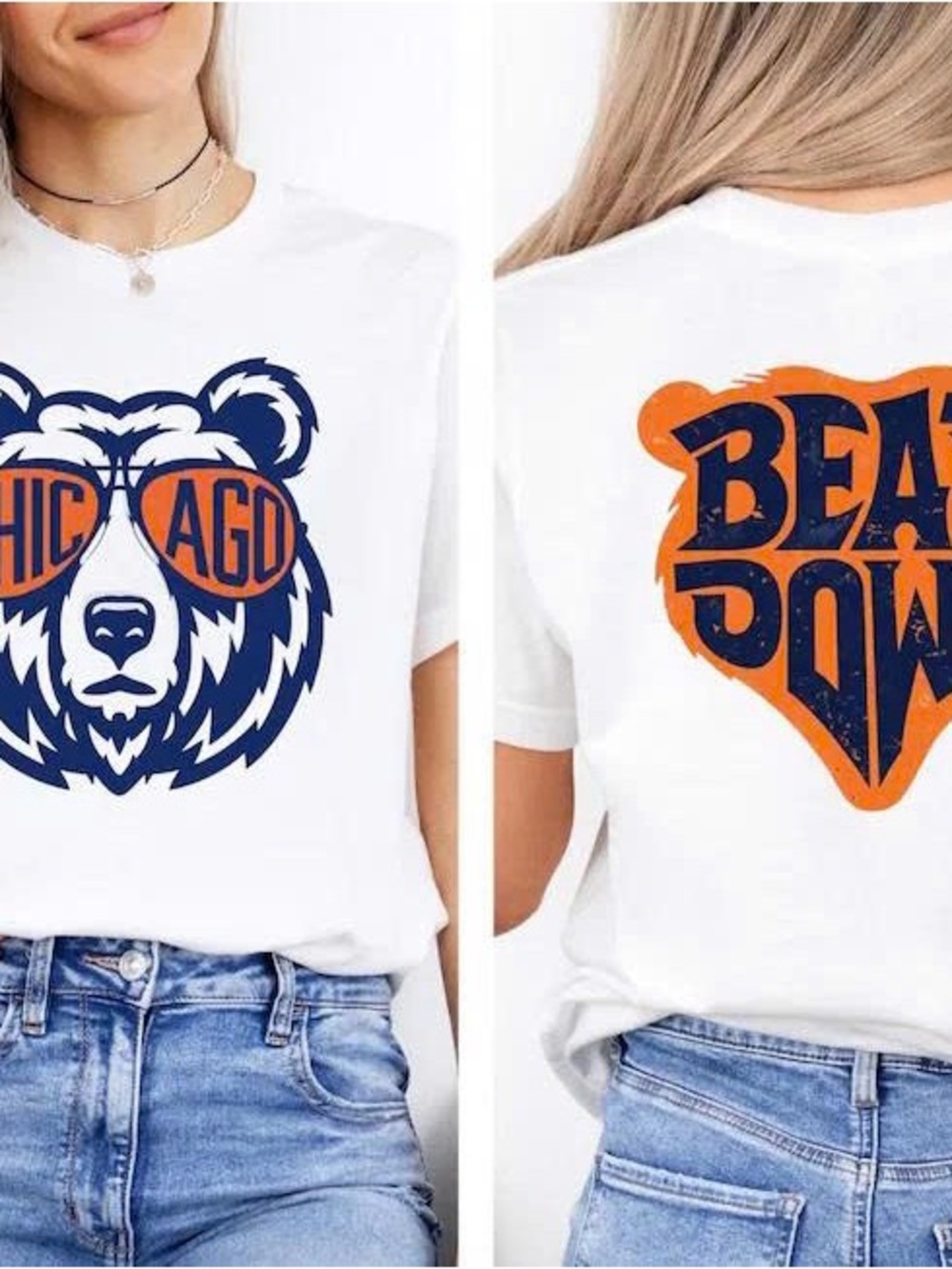 White Short-Sleeve Tee with Navy & Orange Bear Graphics